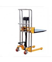 Xe nâng tay cao mini 400kg lên cao 1.1m có khung nâng ống inox và mâm mặt bàn